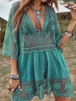 Women's Swimsuits Cover Up Swim Dress Swimsuit Lace Patchwork Vacation Beach Wear Solid Color V Neck Long Sleeve Bathing Suits