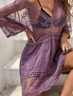 Women's Swimsuits Cover Up Swim Dress Swimsuit Lace Patchwork Vacation Beach Wear Solid Color V Neck Long Sleeve Bathing Suits