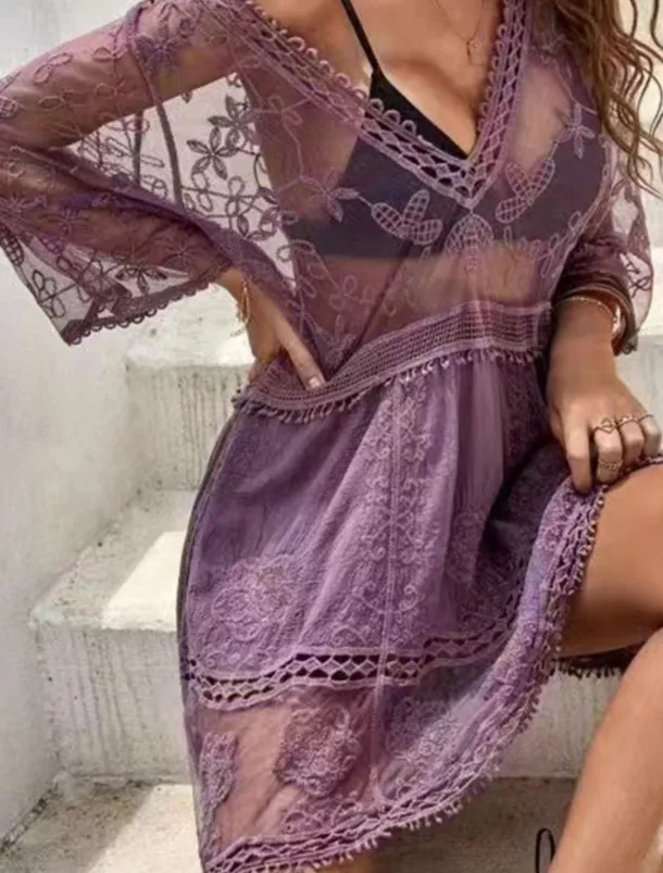 Women's Swimsuits Cover Up Swim Dress Swimsuit Lace Patchwork Vacation Beach Wear Solid Color V Neck Long Sleeve Bathing Suits