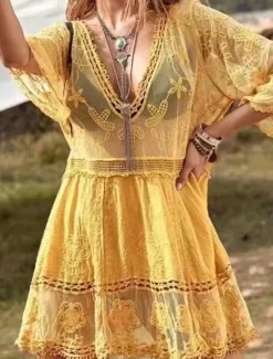 Women's Swimsuits Cover Up Swim Dress Swimsuit Lace Patchwork Vacation Beach Wear Solid Color V Neck Long Sleeve Bathing Suits