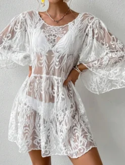 Women's Swimsuits Cover Up Swim Dress Swimsuit Lace Patchwork Vacation Beach Wear Solid Color V Neck Long Sleeve Bathing Suits