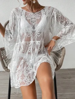 Women's Swimsuits Cover Up Swim Dress Swimsuit Lace Patchwork Vacation Beach Wear Solid Color V Neck Long Sleeve Bathing Suits