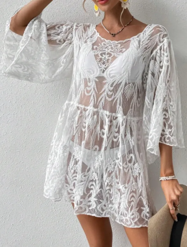 Women's Swimsuits Cover Up Swim Dress Swimsuit Lace Patchwork Vacation Beach Wear Solid Color V Neck Long Sleeve Bathing Suits
