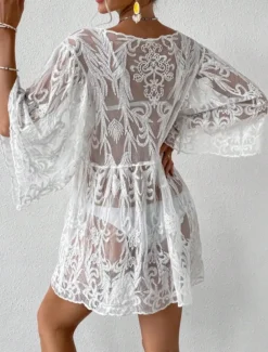 Women's Swimsuits Cover Up Swim Dress Swimsuit Lace Patchwork Vacation Beach Wear Solid Color V Neck Long Sleeve Bathing Suits