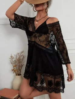 Women's Swimsuits Cover Up Swim Dress Swimsuit Lace Patchwork Vacation Beach Wear Solid Color V Neck Long Sleeve Bathing Suits