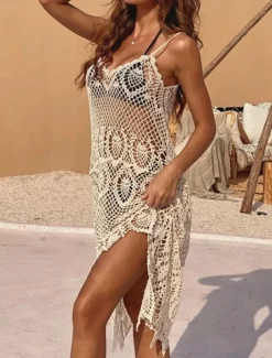 Women's Swimsuits Cover Up Swim Dress Swimsuit Cut Out Vacation Beach Wear Solid Color V Neck Sleeveless Bathing Suits