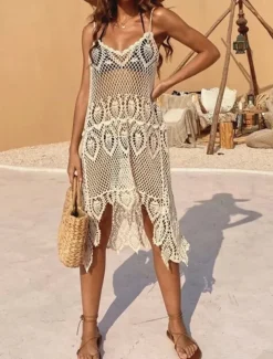 Women's Swimsuits Cover Up Swim Dress Swimsuit Cut Out Vacation Beach Wear Solid Color V Neck Sleeveless Bathing Suits