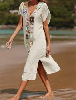 Women's Swimsuits Cover Up Swim Dress Swimsuit Patchwork Vacation Beach Wear Solid Color V Neck Short Sleeves Bathing Suits