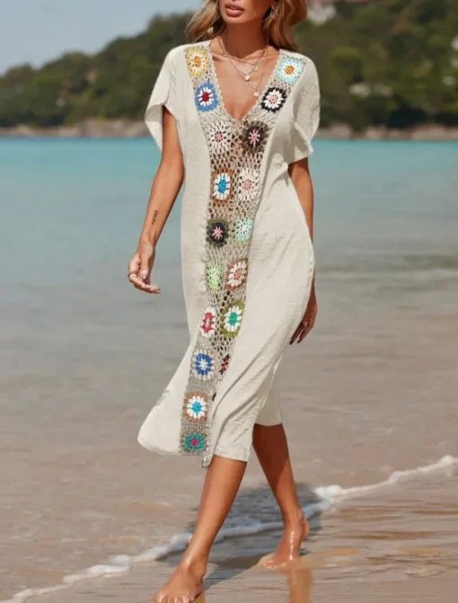Women's Swimsuits Cover Up Swim Dress Swimsuit Patchwork Vacation Beach Wear Solid Color V Neck Short Sleeves Bathing Suits