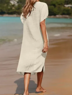 Women's Swimsuits Cover Up Swim Dress Swimsuit Patchwork Vacation Beach Wear Solid Color V Neck Short Sleeves Bathing Suits