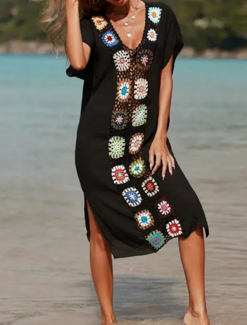 Women's Swimsuits Cover Up Swim Dress Swimsuit Patchwork Vacation Beach Wear Solid Color V Neck Short Sleeves Bathing Suits