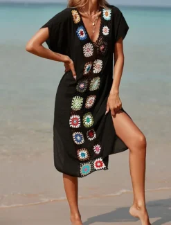 Women's Swimsuits Cover Up Swim Dress Swimsuit Patchwork Vacation Beach Wear Solid Color V Neck Short Sleeves Bathing Suits