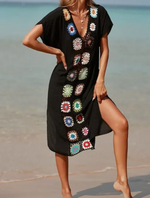 Women's Swimsuits Cover Up Swim Dress Swimsuit Patchwork Vacation Beach Wear Solid Color V Neck Short Sleeves Bathing Suits