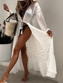 Women's Swimsuits Cover Up Swimsuit Lace Patchwork Vacation Beach Wear Solid Color V Neck Long Sleeve Bathing Suits