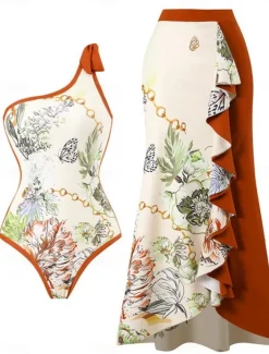 Women's Swimsuits One Piece 2 Piece Skirt Swimsuit Ruffle Backless Tummy Control High Waist Slim Vacation Beach Wear Floral Asymmetric Neck Sleeveless Bathing Suits