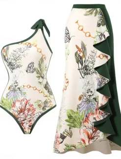 Women's Swimsuits One Piece 2 Piece Skirt Swimsuit Ruffle Backless Tummy Control High Waist Slim Vacation Beach Wear Floral Asymmetric Neck Sleeveless Bathing Suits