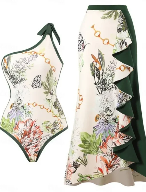 Women's Swimsuits One Piece 2 Piece Skirt Swimsuit Ruffle Backless Tummy Control High Waist Slim Vacation Beach Wear Floral Asymmetric Neck Sleeveless Bathing Suits