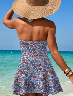 Women's Swimsuits One Piece Monokini Swim Dress Swimsuit Backless Tummy Control High Waist Slim Vacation Beach Wear Floral Halter Neck Sleeveless Bathing Suits