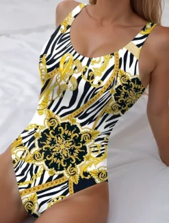 Women's Swimsuits One Piece Monokini Swimsuit Backless Tummy Control High Waist Slim Vacation Beach Wear Geometic U Neck Sleeveless Bathing Suits