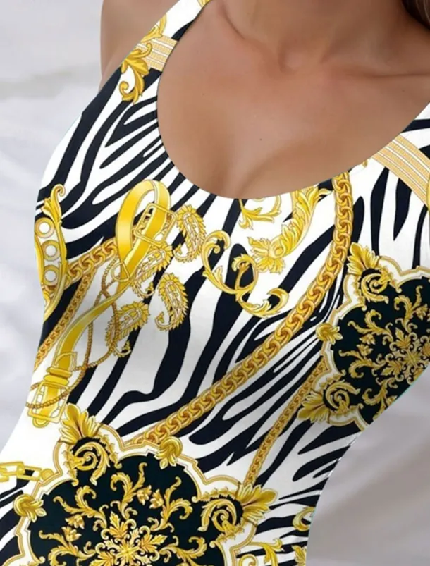 Women's Swimsuits One Piece Monokini Swimsuit Backless Tummy Control High Waist Slim Vacation Beach Wear Geometic U Neck Sleeveless Bathing Suits