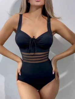 Women's Swimsuits One Piece Monokini Swimsuit Backless Tummy Control High Waist Slim Vacation Beach Wear Solid Color V Neck Sleeveless Bathing Suits