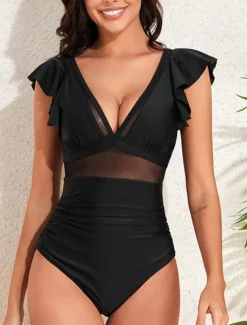 Women's Swimsuits One Piece Monokini Swimsuit Ruffle Backless Tummy Control High Waist Slim Vacation Beach Wear Solid Color V Neck Sleeveless Bathing Suits