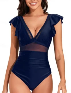 Women's Swimsuits One Piece Monokini Swimsuit Ruffle Backless Tummy Control High Waist Slim Vacation Beach Wear Solid Color V Neck Sleeveless Bathing Suits