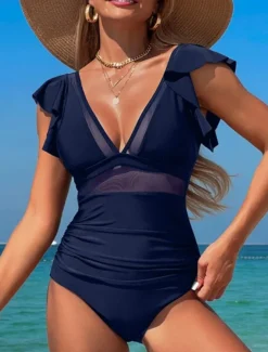 Women's Swimsuits One Piece Monokini Swimsuit Ruffle Backless Tummy Control High Waist Slim Vacation Beach Wear Solid Color V Neck Sleeveless Bathing Suits