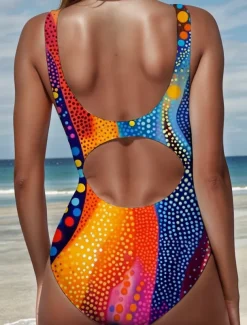Women's Swimsuits One Piece Monokini High Cut Swimsuit Backless Tummy Control High Waist Slim Vacation Vintage Graphic Geometric U Neck Sleeveless Bathing Suits