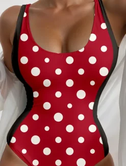 Women's Swimsuits One Piece Monokini Swimsuit Backless Tummy Control High Waist Slim Vacation Vintage Polka Dot Dot U Neck Sleeveless Bathing Suits
