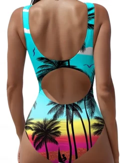 Women's Swimsuits One Piece Swimsuit Tropical Beach Wear Summer Tummy Control Bathing Suits