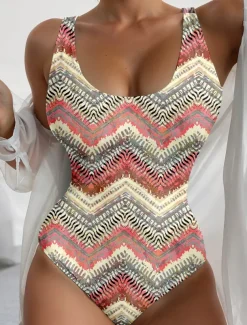 Women's Swimsuits One Piece Monokini Swimsuit Backless Tummy Control High Waist Slim Vacation Vintage Color Block U Neck Sleeveless Bathing Suits