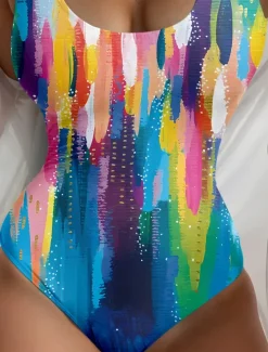 Women's Swimsuits One Piece Monokini Swimsuit Backless Tummy Control High Waist Slim Vacation Beach Wear Ombre Graphic U Neck Sleeveless Bathing Suits