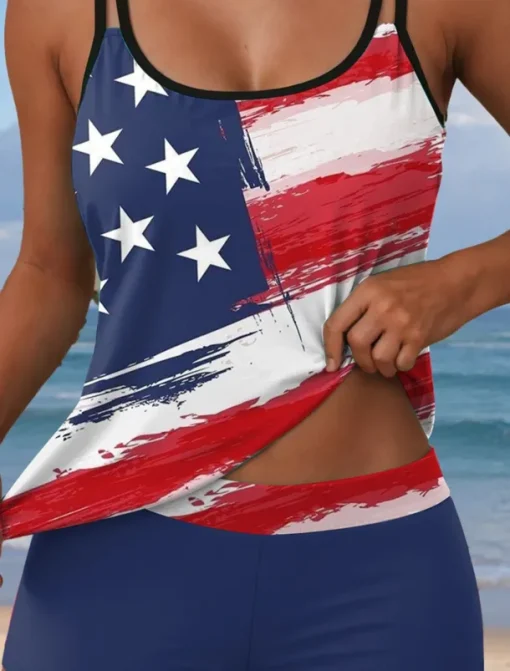Women's Swimsuits Patriotic Tankini 2 Piece Boy Leg Swimsuit Backless Vacation Beach Wear Flag U Neck Sleeveless Bathing Suits
