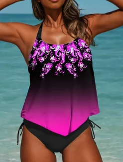Women's Swimsuits Tankini 2 Piece Cheeky Swimsuits Backless Vacation Beach Wear Ombre Graphic U Neck Sleeveless Bathing Suits