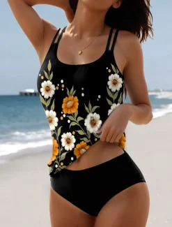 Women's Swimsuits Tankini 2 Piece Shorts Swimsuit 2 Piece Printing Vacation Beach Wear Floral Sleeveless Bathing Suits