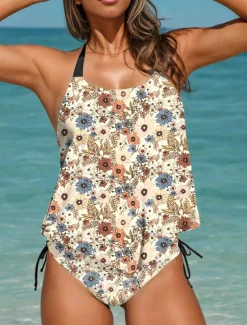 Women's Swimsuits Tankini 2 Piece Cheeky Swimsuit Backless Vacation Beach Wear Floral U Neck Sleeveless Bathing Suits