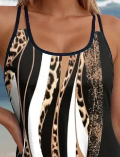 Women's Swimsuits Tankini 2 Piece Boy Leg Swimsuit Backless Vacation Beach Wear Leopard Geometic U Neck Sleeveless Bathing Suits