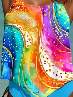 Women's Swimsuits Tankini 2 Piece Cheeky Swimsuits Backless Vacation Beach Wear Ombre U Neck Sleeveless Bathing Suits