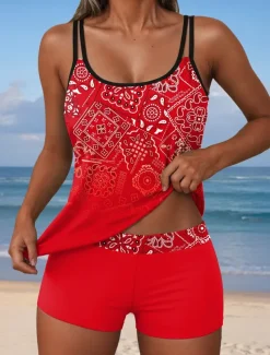 Women's Swimsuits Tankini 2 Piece Shorts Swimsuit Backless Vacation Beach Wear Ombre Graphic U Neck Sleeveless Bathing Suits