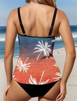 Women's Swimsuits Tankini 2 Piece Cheeky Swimsuit Backless Tummy Control High Waist Slim Vacation Beach Wear Graphic Leaves U Neck Sleeveless Bathing Suits