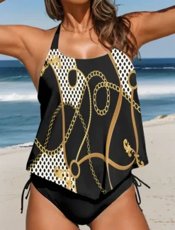 Women's Swimsuits Tankini 2 Piece Cheeky Swimsuit Backless Vacation Beach Wear Geometric Polka Dot Halter Neck Sleeveless Bathing Suits