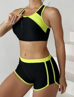 Women's Swimsuits Tankini 2 Piece Shorts Swimsuit Backless Tummy Control High Waist Slim Vacation Beach Wear Color Block U Neck Sleeveless Bathing Suits