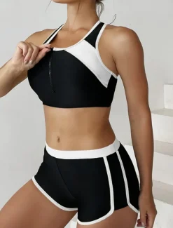 Women's Swimsuits Tankini 2 Piece Shorts Swimsuit Backless Tummy Control High Waist Slim Vacation Beach Wear Color Block U Neck Sleeveless Bathing Suits
