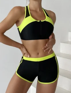 Women's Swimsuits Tankini 2 Piece Shorts Swimsuit Backless Tummy Control High Waist Slim Vacation Beach Wear Color Block U Neck Sleeveless Bathing Suits