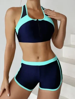 Women's Swimsuits Tankini 2 Piece Shorts Swimsuit Backless Tummy Control High Waist Slim Vacation Beach Wear Color Block U Neck Sleeveless Bathing Suits
