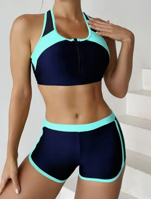 Women's Swimsuits Tankini 2 Piece Shorts Swimsuit Backless Tummy Control High Waist Slim Vacation Beach Wear Color Block U Neck Sleeveless Bathing Suits
