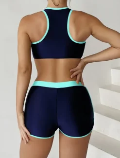 Women's Swimsuits Tankini 2 Piece Shorts Swimsuit Backless Tummy Control High Waist Slim Vacation Beach Wear Color Block U Neck Sleeveless Bathing Suits