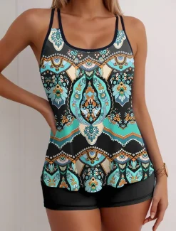 Women's Swimsuits Tankini 2 Piece Boy Leg Swimsuit Backless Vacation Beach Wear Graphic U Neck Sleeveless Bathing Suits