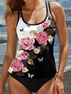 Women's Swimsuits Tankini 2 Piece Cheeky Swimsuit Backless Tummy Control High Waist Slim Vacation Beach Wear Floral Graphic U Neck Sleeveless Bathing Suits